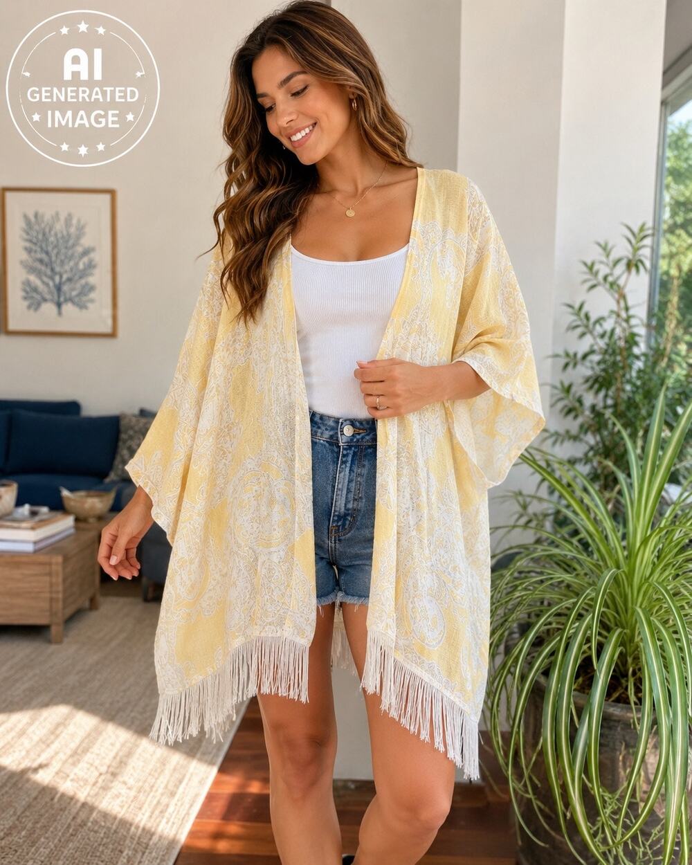 Chico’s Linen Blend Kimono XL Yellow Paisley Fringe Open Front Boho Cover‎ Up
